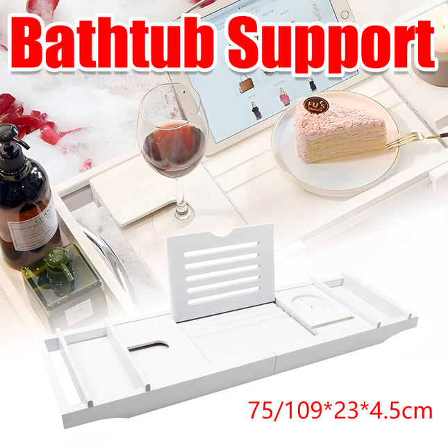 Bathtub Rack Bamboo Telescopic Multi Use Phone Tablet Holder White 75-109 x 23cm