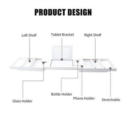 Bathtub Rack Bamboo Telescopic Multi Use Phone Tablet Holder White 75-109 x 23cm
