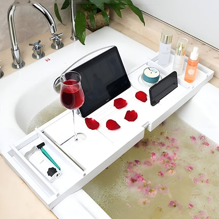 Bathtub Rack Bamboo Telescopic Multi Use Phone Tablet Holder White 75-109 x 23cm