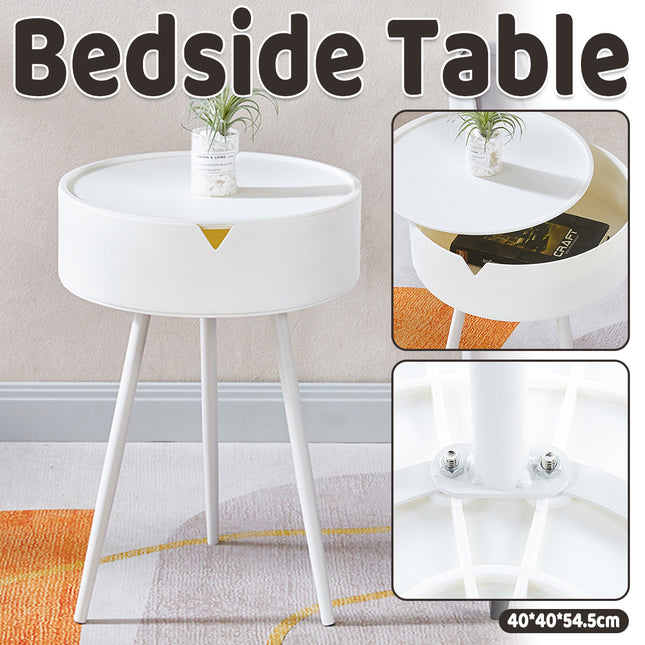 Modern Round Bedside Table with Storage White Small Coffee Side Table 40cm
