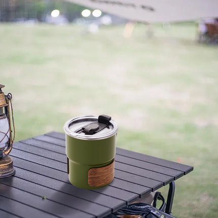 Camping Tumbler Insulated Cup 300ml Flip Lid Wood Grain Coffee Beer 3 Colours