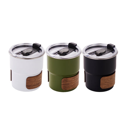 Camping Tumbler Insulated Cup 300ml Flip Lid Wood Grain Coffee Beer 3 Colours