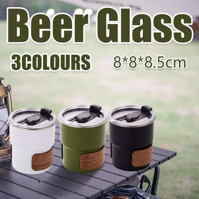 Camping Tumbler Insulated Cup 300ml Flip Lid Wood Grain Coffee Beer 3 Colours