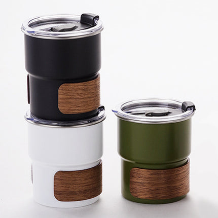 Camping Tumbler Insulated Cup 300ml Flip Lid Wood Grain Coffee Beer 3 Colours