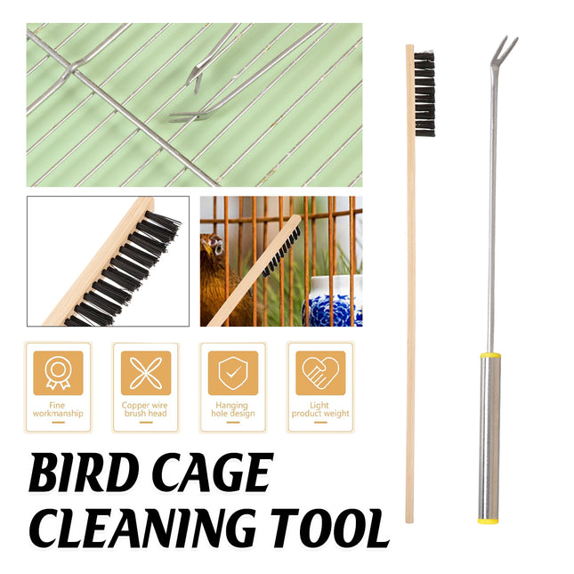 2pcs Bird Cage Cleaning Tool Set Bamboo Brush Stainless Steel Scraper Fork