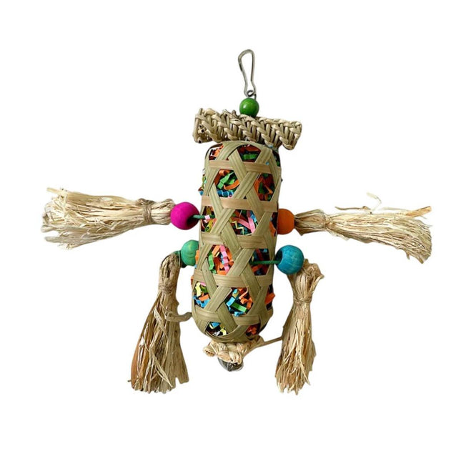 Bamboo Woven Parrot Foraging Toy Shredding Bird Toy with Bell and Hanging Hook