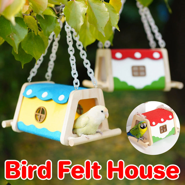 Wooden Felt Parrot Nest Hideaway with Standing Perch for Bird Cage