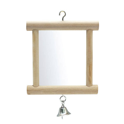 Solid Wood Bird Mirror Toy with Bell Hanging Parrot Budgie Cage Accessory