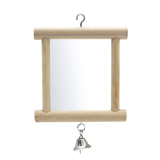 Wood Bird Mirror with Bell Hanging Parrot Budgie Cage Play Accessory