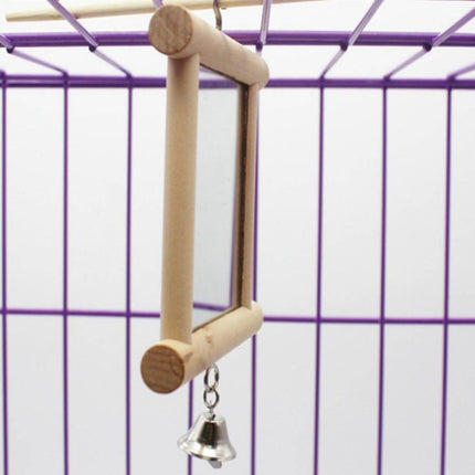 Solid Wood Bird Mirror Toy with Bell Hanging Parrot Budgie Cage Accessory