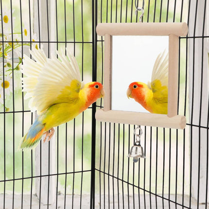 Solid Wood Bird Mirror Toy with Bell Hanging Parrot Budgie Cage Accessory