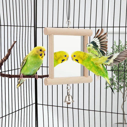 Solid Wood Bird Mirror Toy with Bell Hanging Parrot Budgie Cage Accessory