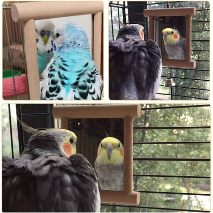 Solid Wood Bird Mirror Toy with Bell Hanging Parrot Budgie Cage Accessory