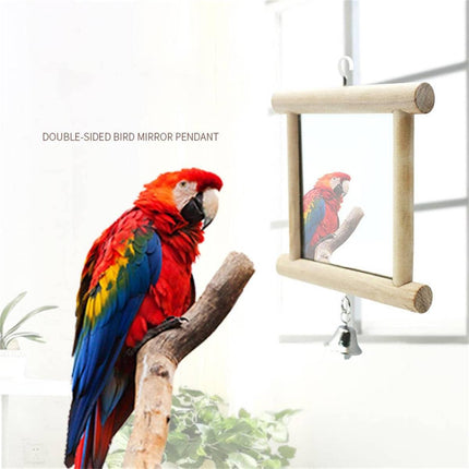 Solid Wood Bird Mirror Toy with Bell Hanging Parrot Budgie Cage Accessory