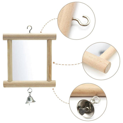 Solid Wood Bird Mirror Toy with Bell Hanging Parrot Budgie Cage Accessory