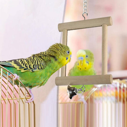 Solid Wood Bird Mirror Toy with Bell Hanging Parrot Budgie Cage Accessory