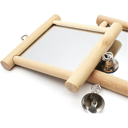 Solid Wood Bird Mirror Toy with Bell Hanging Parrot Budgie Cage Accessory
