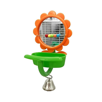 Flower Bird Mirror Toy with Seed Cup Bell and Perch for Budgies Small Parrots