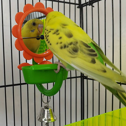 Flower Bird Mirror Toy with Seed Cup Bell and Perch for Budgies Small Parrots