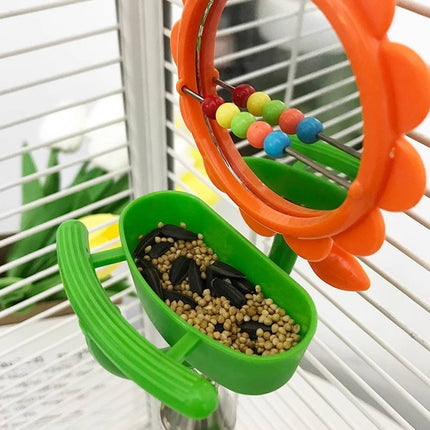 Flower Bird Mirror Toy with Seed Cup Bell and Perch for Budgies Small Parrots