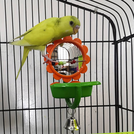 Flower Bird Mirror Toy with Seed Cup Bell and Perch for Budgies Small Parrots
