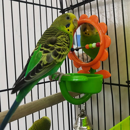 Flower Bird Mirror Toy with Seed Cup Bell and Perch for Budgies Small Parrots