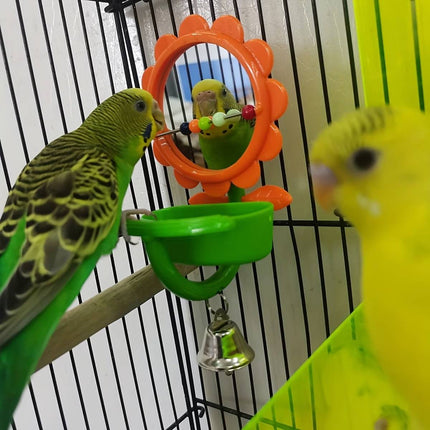 Flower Bird Mirror Toy with Seed Cup Bell and Perch for Budgies Small Parrots