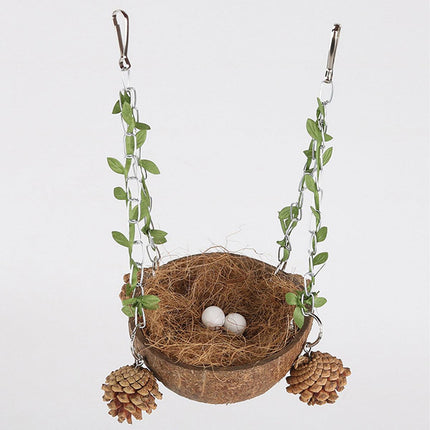 Coconut Birdhouse Swing Hammock Toy for Birds Natural Wooden Nest for Parrots