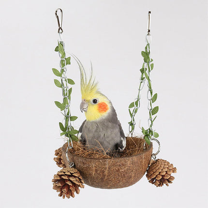 Coconut Birdhouse Swing Hammock Toy for Birds Natural Wooden Nest for Parrots