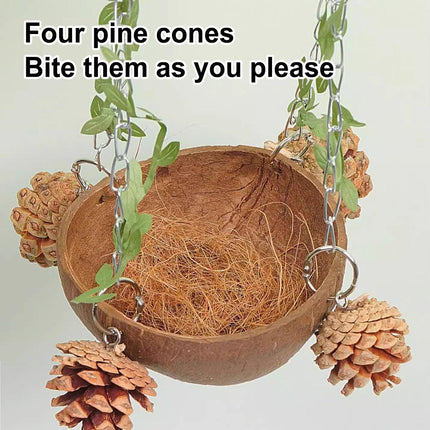 Coconut Birdhouse Swing Hammock Toy for Birds Natural Wooden Nest for Parrots