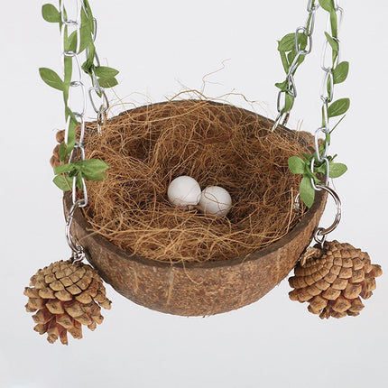 Coconut Birdhouse Swing Hammock Toy for Birds Natural Wooden Nest for Parrots