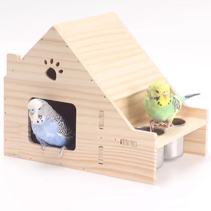 Parrot Birdhouse Breeding Box Pine Wood Nest with Stainless Steel Feeding Cups
