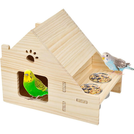Parrot Birdhouse Breeding Box Pine Wood Nest with Stainless Steel Feeding Cups