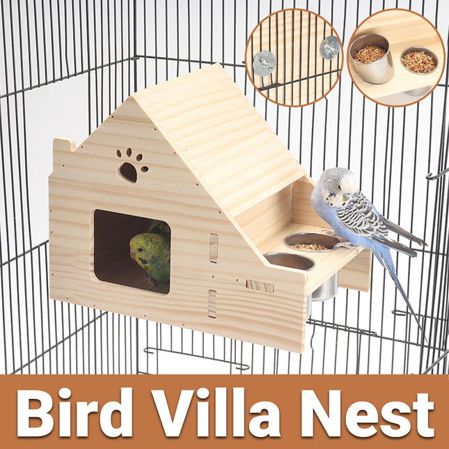 Parrot Birdhouse Breeding Box Pine Wood Nest with Stainless Steel Feeding Cups
