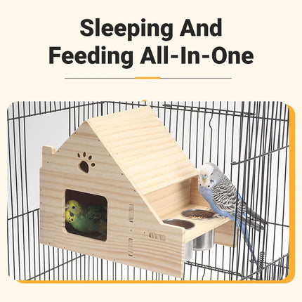 Parrot Birdhouse Breeding Box Pine Wood Nest with Stainless Steel Feeding Cups