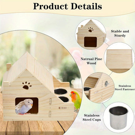 Parrot Birdhouse Breeding Box Pine Wood Nest with Stainless Steel Feeding Cups