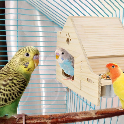 Parrot Birdhouse Breeding Box Pine Wood Nest with Stainless Steel Feeding Cups