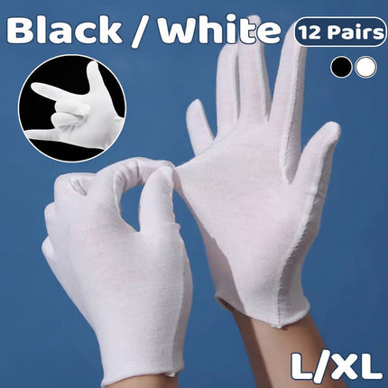 12 Pairs Cotton Work Gloves Breathable Knit L Black XL White