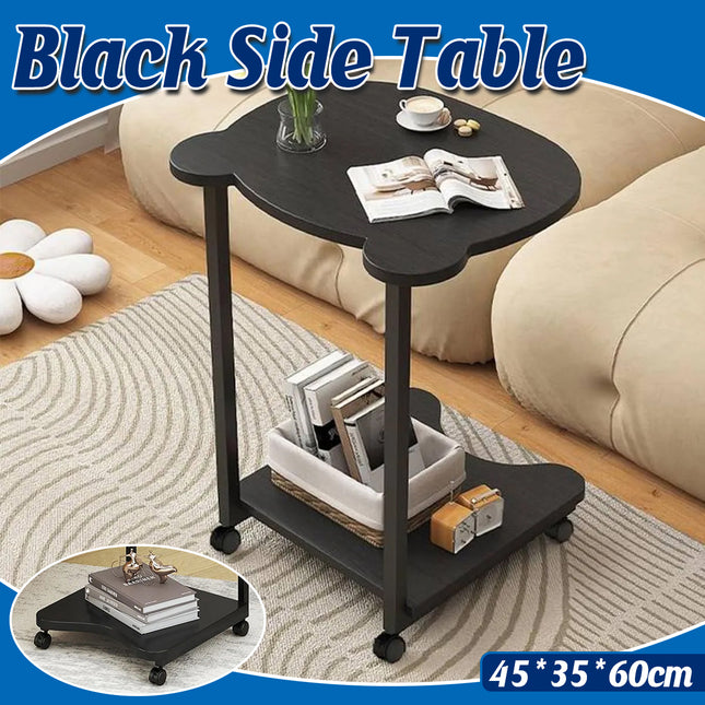 Black Mobile Side Table with Wheels 2-Tier Durable for Living Room Bedroom Use