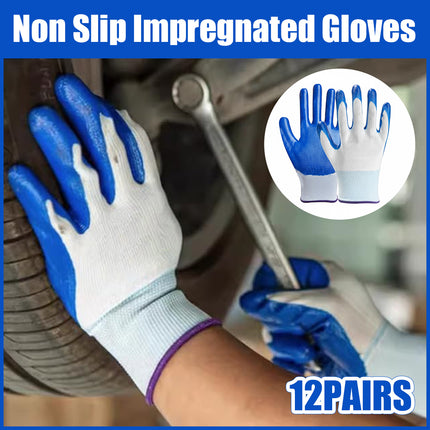 12 Pairs Nitrile Coated Work Gloves Oil Resistant Grip for Labour Car Repair