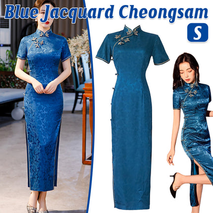 Blue Cheongsam Dress Long Retro Elegant Style Traditional Chinese Qipao Vintage