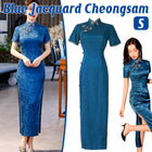 Blue Cheongsam Dress Long Retro Elegant Style Traditional Chinese Qipao Vintage