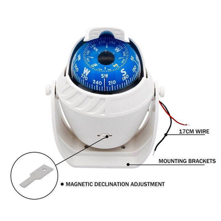 1Pc Magnetic Boat Compass White Built In Light 65Mm Card Pivoting Marine Sea - Aimall