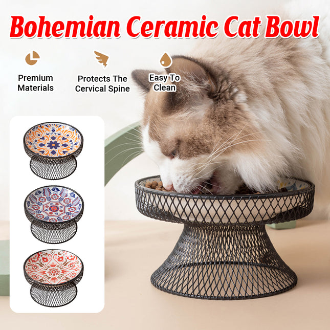 Bohemian Style Ceramic Cat Bowl Optimal Height Design for Water Food Feeder Dish