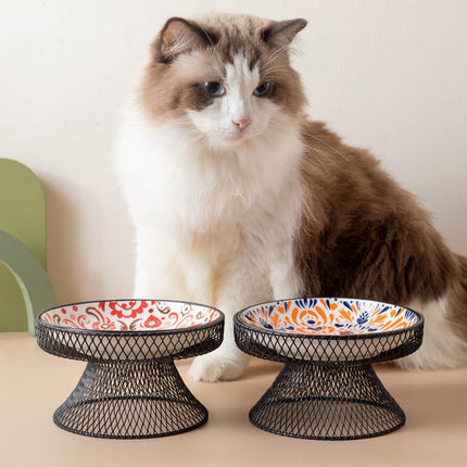Bohemian Style Ceramic Cat Bowl Optimal Height Design for Water Food Feeder Dish