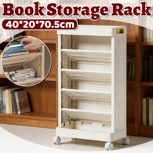 5-Tier Mobile Rolling Bookshelf Storage Rack 40x20x70.5cm Home Office