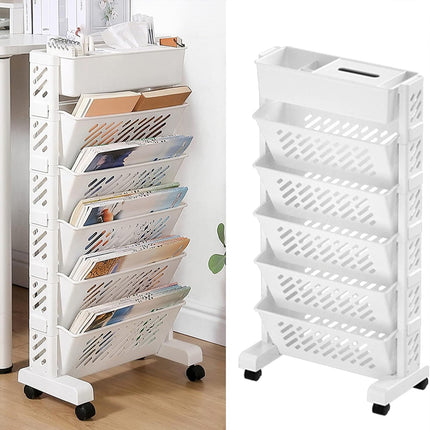 5 / 6 Tiers Rolling Bookshelf Mobile Bookcase With Wheel Sturdy Space Saving