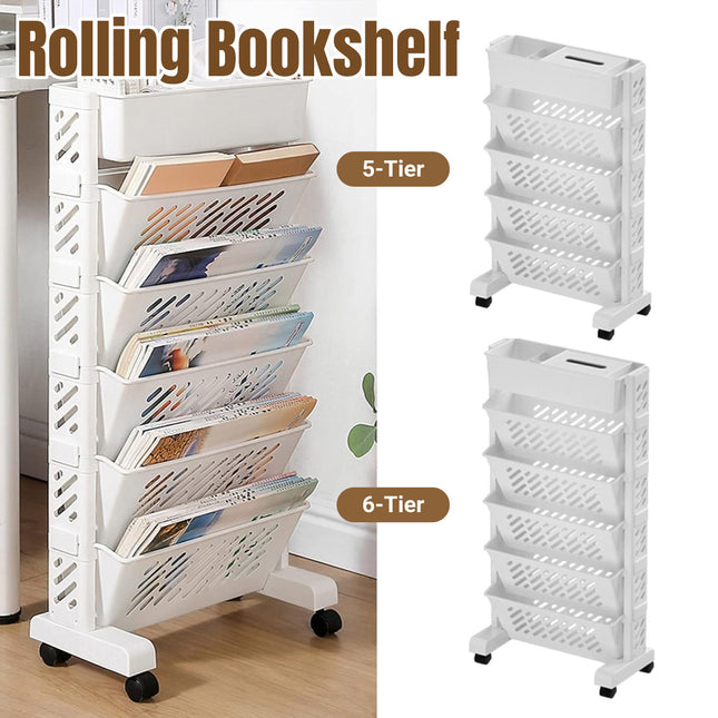 5 / 6 Tiers Rolling Bookshelf Mobile Bookcase With Wheel Sturdy Space Saving