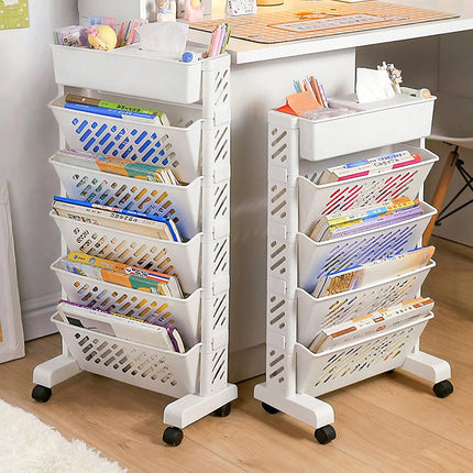 5 / 6 Tiers Rolling Bookshelf Mobile Bookcase With Wheel Sturdy Space Saving