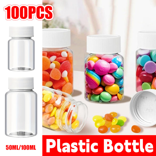 100Pcs Wide Mouth Clear Plastic Bottle with Lid 50/100ml Leakproof Storage Jars